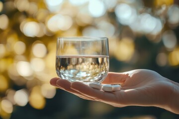 A hand holding pills and a glass of water with a blurry background of yellow and green bokeh lights
