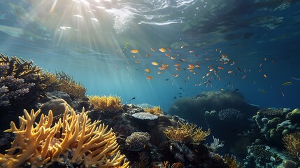 Naklejka premium Underwater Scene Of Coral Reefs And Schools Of Fish With Sunbeams