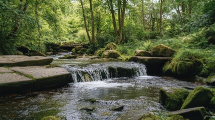 Naklejka premium Summer creek in lush green forest