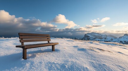 Serene winter scene with snow covered meadow wooden bench dramatic clouds distant mountain range alpine horizon