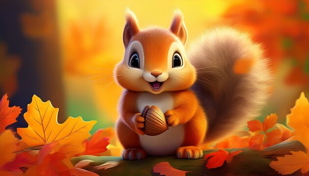 Niedliches Eichh&ouml;rnchen-Baby h&auml;lt Eichel im Herbst