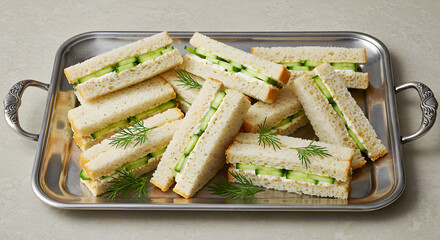 Elegant Cucumber Sandwiches Displayed on Silver Platter for Formal Event