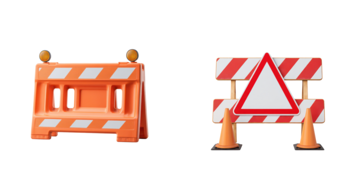Construction barriers with safety symbols and cones.
