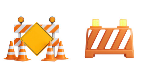 Construction barriers and traffic cones.