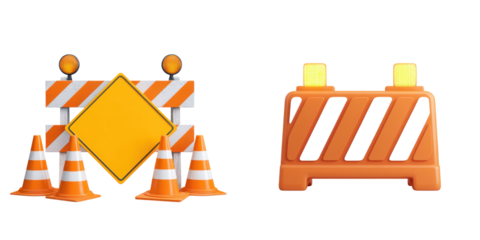 Construction barriers and traffic cones.
