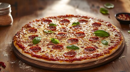 Pepperoni Pizza with Fresh Basil on a Wooden Board