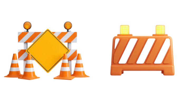 Construction barriers and traffic cones.