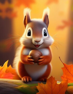 Niedliches Eichh&ouml;rnchen-Baby h&auml;lt Eichel im Herbst