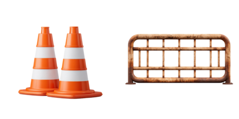 Traffic cones and a metal barrier displayed together.
