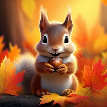 Niedliches Eichh&ouml;rnchen-Baby h&auml;lt Eichel im Herbst
