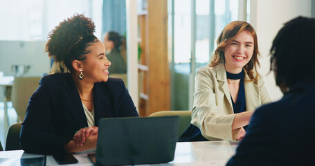 Employer, meeting or smile in job interview with business people for opportunity and hiring. Happy, employment and manager talking to applicant in hr for company internship or recruitment process