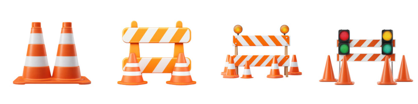 Traffic cones and construction barriers in various designs.