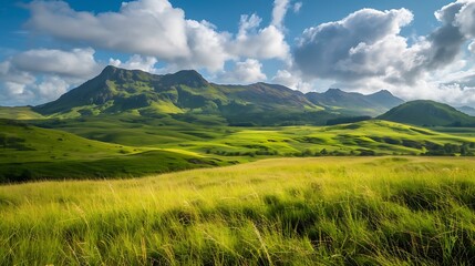 Fototapeta premium Vibrant Green Meadow With Rolling Hills And Majestic Mountains Under Blue Sky