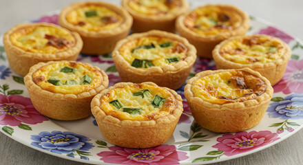 Savory Mini Quiches Displayed On A Decorative Floral Plate For Brunch