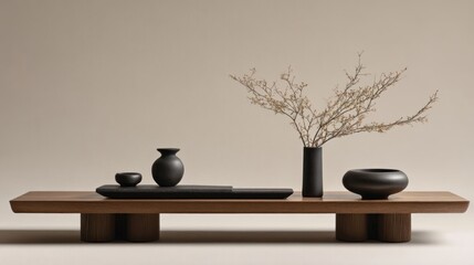 Serene Minimalist Still Life: Dark Vessels and Dried Branches on a Low Wooden Table