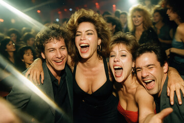 Energetic 1980s nightclub party filled with people in vintage outfits, bold hairstyles, and retro accessories celebrating with pure joy and nostalgic euphoria.

