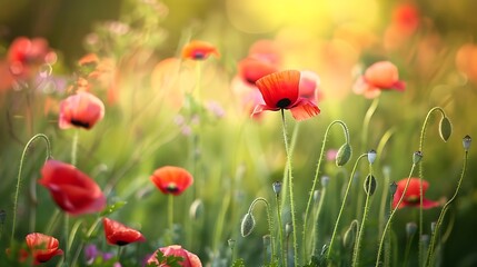Obraz premium Vibrant Red Poppies Blooming in a Lush Green Field Under Warm Sunlight