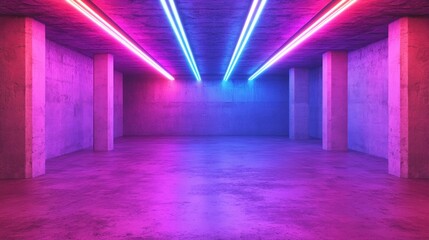 Abstract empty, modern concrete room with lighting from neon tubes on the ceiling and rough floor