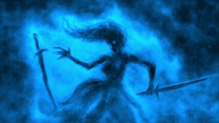 Dangerous warrior girl with two swords in battle. Evil ghost, horror, fantasy. Looped 2D animation. Warlike female character for video clip. Black and blue abstract background.
