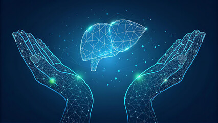 Two human hands are holds human liver. Support healthy liver concept. Wireframe glowing low poly design on dark blue background. Abstract futuristic vector illustration.    