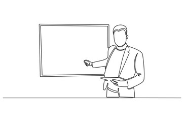 Continuous one line drawing of Young Male presenting his report in whiteboard. Single line drawing illustration of Presentation. Business strategy concept vector art. Doodle line illustration.