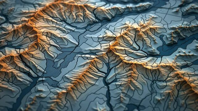 Geographic Map Landscape: Topographical map revealing a complex, layered landscape, showcasing the intricate details of mountains, valleys, and waterways