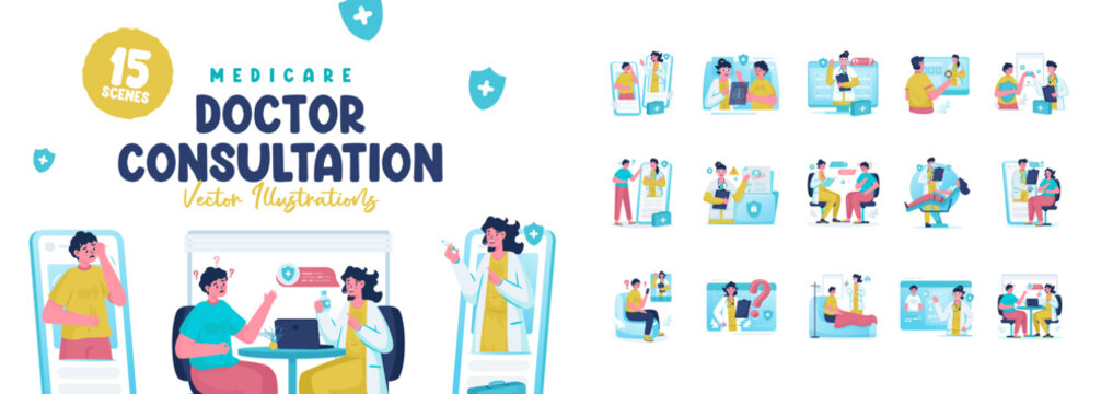 Illustration set of medical healthcare with doctor consultation vector design