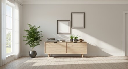Minimalist room interior representing serenity and simplicity, featuring a plant, cabinet, and frames on a white wall
