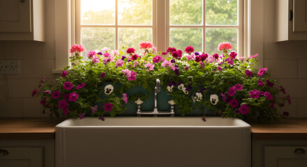 Fototapeta premium Windowside Serenity Colorful Petunias Adorn Kitchen Sink in Warm Sunlight