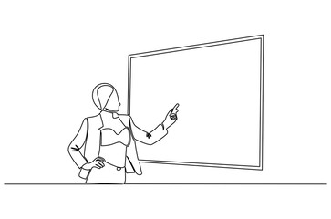 Continuous one line drawing of Young female presenting his report in whiteboard. Single line drawing illustration of Womanpreneur. Business strategy concept vector art. Doodle line illustration.