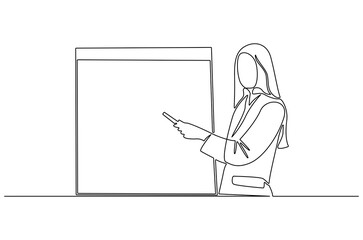 Continuous one line drawing of Young female presenting his report in whiteboard. Single line drawing illustration of Womanpreneur. Business strategy concept vector art. Doodle line illustration.