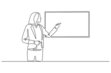 Continuous one line drawing of Young female presenting his report in whiteboard. Single line drawing illustration of Womanpreneur. Business strategy concept vector art. Doodle line illustration.