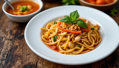 a dish of spaghetti with meatballs and sauce served on a white plate