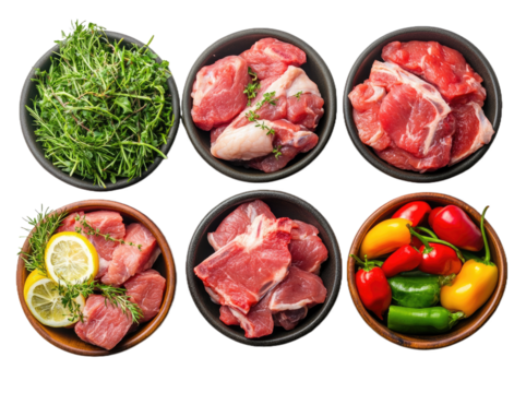 Set of fresh raw meat and vegetables in bowls for meal preparation, isolated on transparent background
