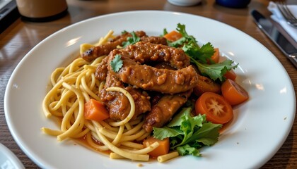 a dish of pasta topped with chunks of chicken and vegetables, served alongside a portion of fettuccine alfredo sauce.