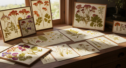 Obraz premium Collection Of Botanical Art Frames and Prints on Wooden Table by the Window