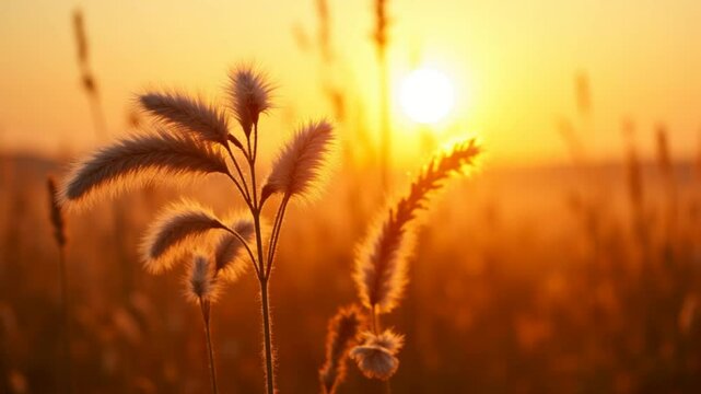Icon of Autumn.  Blooming Kans  grass Saccharum spontaneum flowers plant. Blowing in the wind with a Golden-hour Sunset view