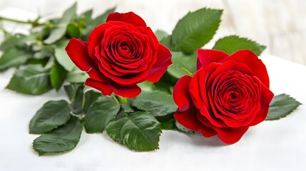 Two Stunning Red Roses on White Background Romantic Floral Image