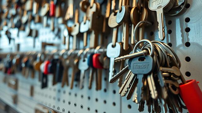 Pan shot across a wall full of keys and pull focus onto a stack of keys