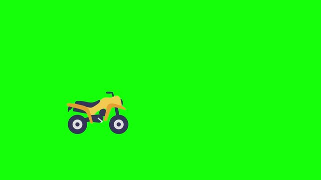 2D animation of a yellow ATV (all-terrain vehicle) driving from left to right on a bright green chroma key background. The ATV features large rugged wheels and a sporty design, ideal for outdoor, adve