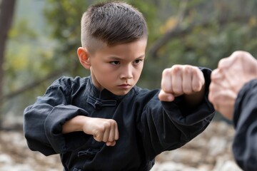 Young kung fu practitioner performing a powerful punch, muscles tensed, wearing a traditional uniform, intense focus, dojo or nature setting blurred in the background.