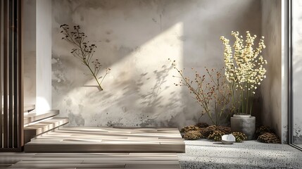 Zen Interior With Wooden Platform Plants Decorative Wall and Soft Lighting