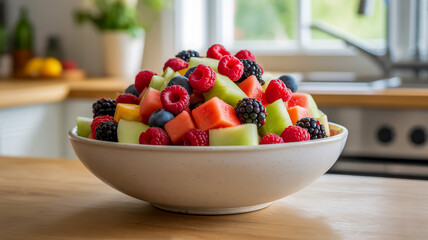 A close-up photograph of a fresh fruit salad in a white ceramic bowl