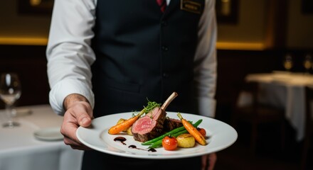 Waiter serving lamb chops representing fine dining experience with gourmet presentation