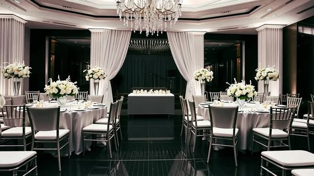 Elegant wedding reception venue with round tables and white floral arrangements
