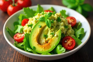 A vibrant bowl of creamy avocado salad, featuring fresh greens, ripe tomatoes, and a light vinaigrette Perfect for a healthy and delicious lunch or side dish , dinner, mexican food