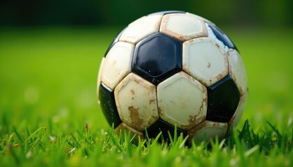 Fototapeta premium Close-up of a well-worn soccer ball, grass stains visible , close-up, texture