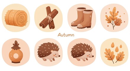 Adorable autumn themed illustrations with a variety of seasonal elements and objects