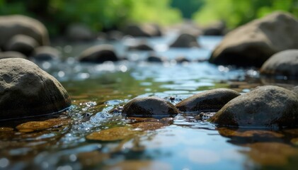 Obraz premium Close-up of weathered, worn stones, skipping over a tranquil stream , landscape, pattern, rustic