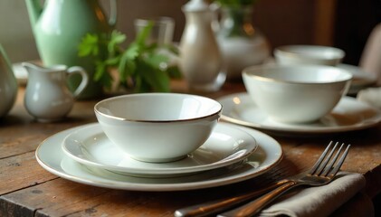 Elegant dinnerware set on a rustic wooden table, showcasing plates, bowls, and cutlery , bowls, knife, kitchen